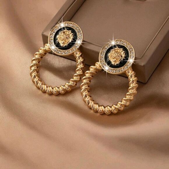 BLACK & GOLD LION DOORKNOCKER  DROP EARRINGS DESIGNER INSPIRED - Picture 5 of 6